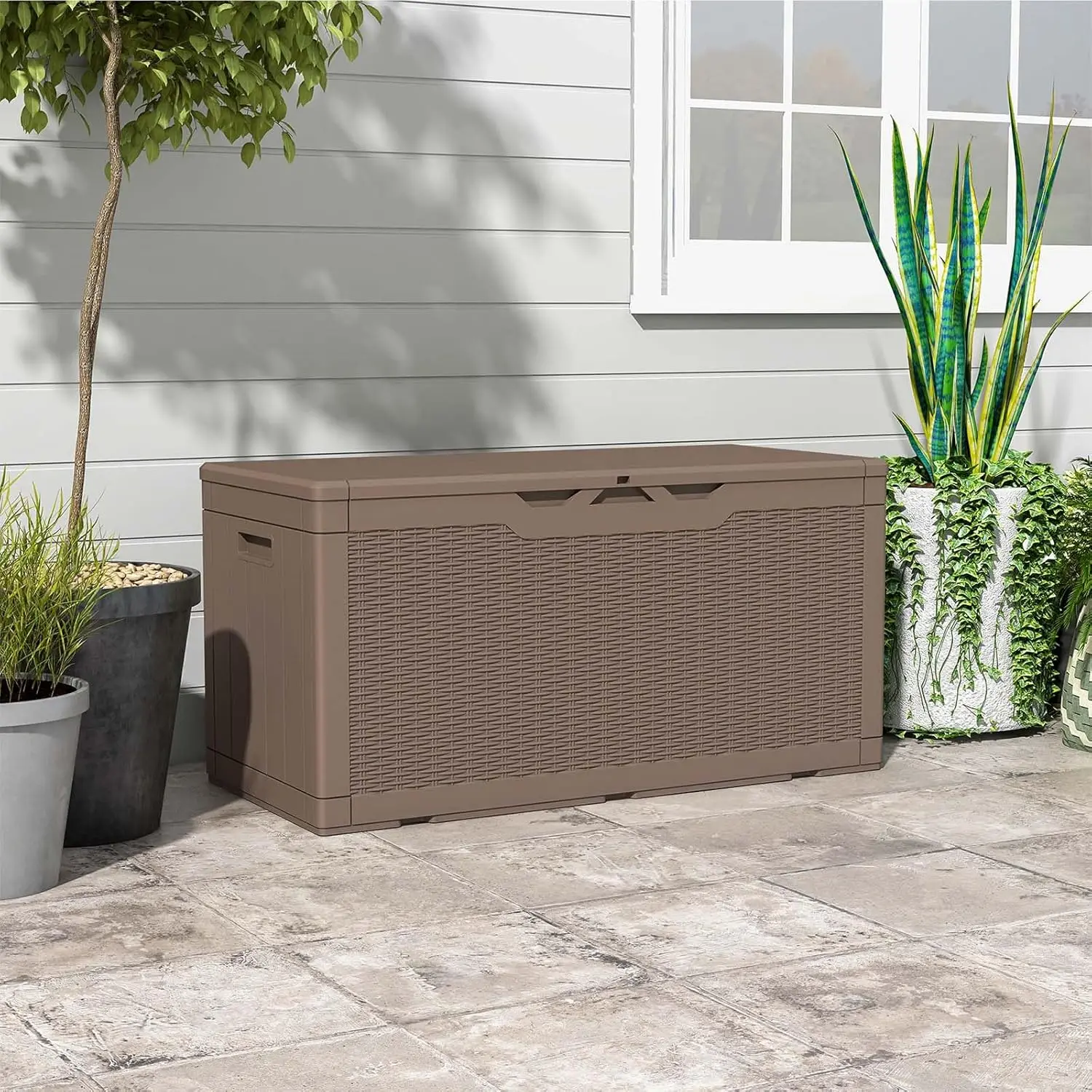 100 gallon resin deck box, waterproof large outdoor storage box, with terrace furniture and garden tool padlock, dark brown