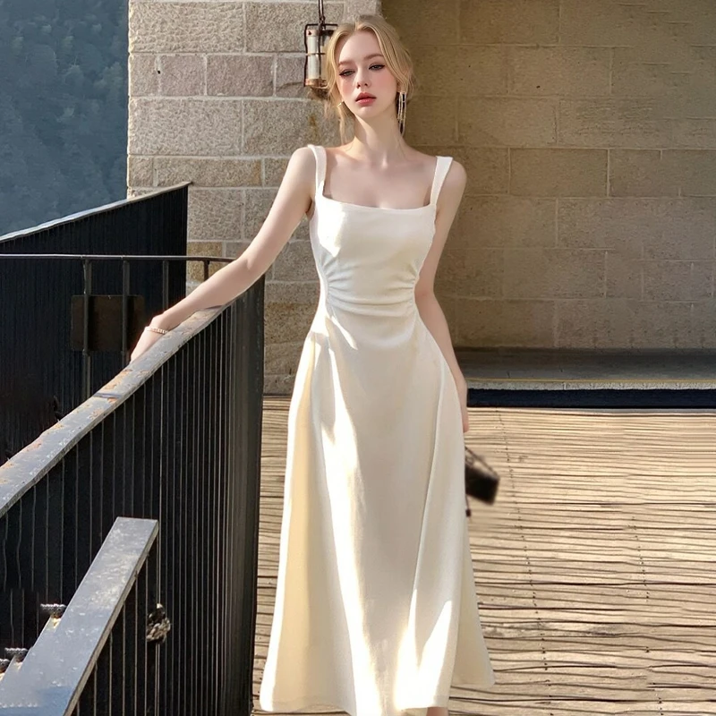 Square Collar Solid Color Elegant Women's Long Dress Minimalist Style Suspender Dress for Evening All-match Korean Version