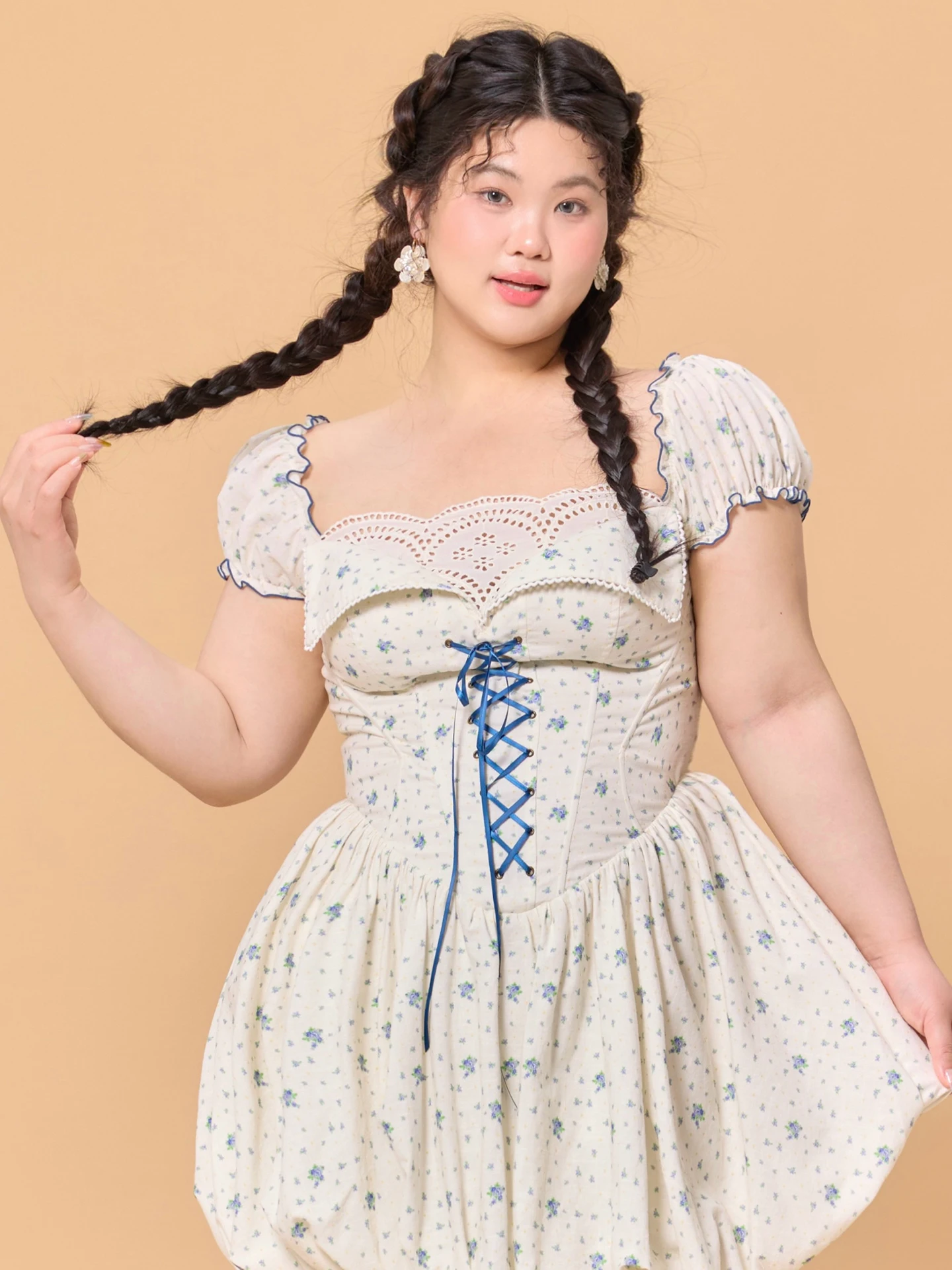 

French Style Large Size Women's Dress Berries Can Garden Party Floral Print Short A-Line Skirt Knot Cotton Dress