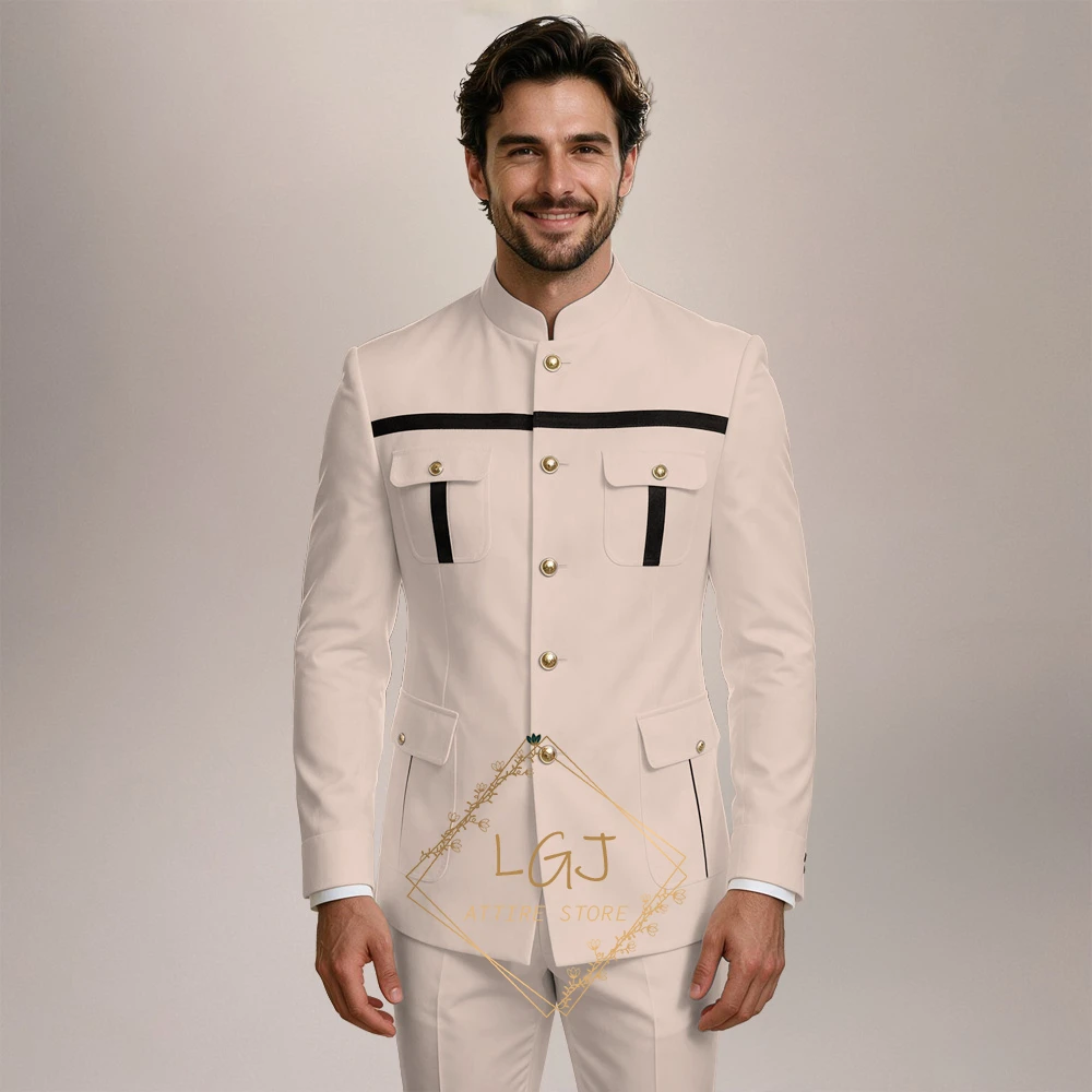 Men’s Custom Two‑Piece Mandarin‑Collar Suit, Gold Button Accents with Black Contrast Trim for vintage‑themed wedding events