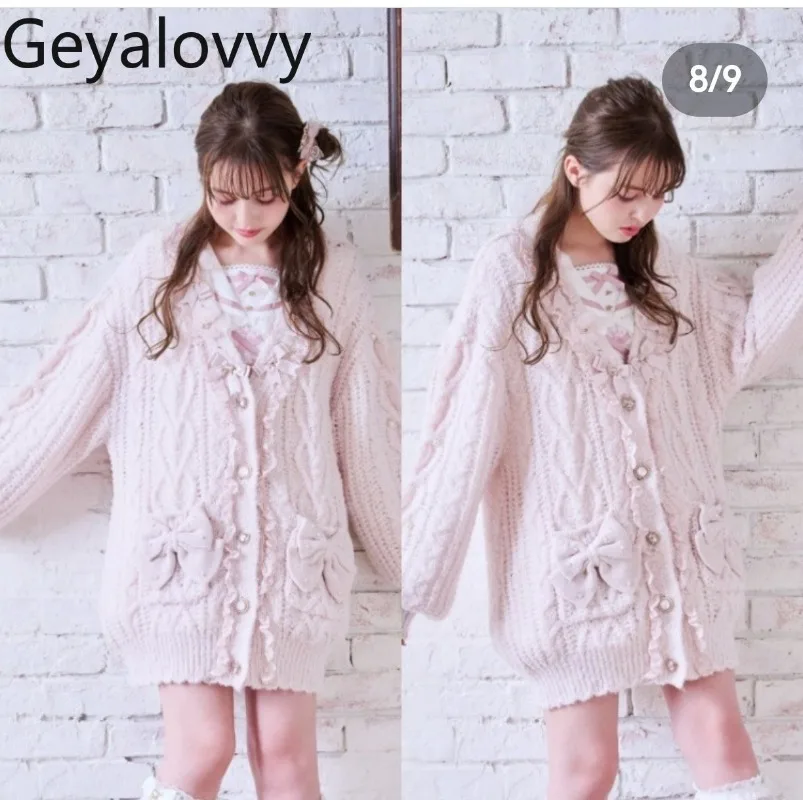 

Японский стиль, серийное производство, милый женский мягкий вязаный кардиган, пуговицы в форме сердца, V-образный вырез, декор с бантом, средней длины, свитер-пальто