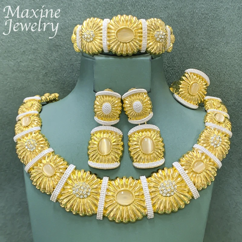 

Rhinestones Golden Collar Chunky Round Gold Plated Jewelry Set Women Necklace Earring Bracelet Ring Bridal Wedding Party Gifts