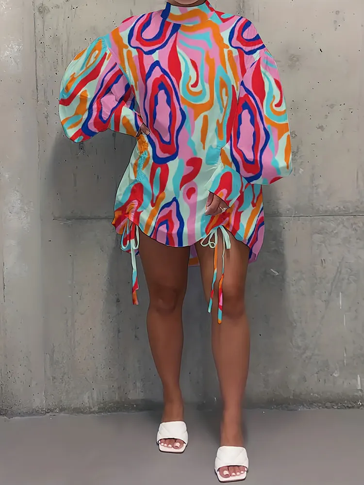 

Распродажа больших размеров, мини-платье с воротником-стойкой и принтом, пышными рукавами, красочное женское платье с завязками по бокам, вечернее платье