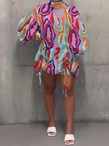 Plus Size Clearance Sale Stand-Up Collar Printed Puff Sleeve Mini Dress Colorful Side Drawstring Women Dress Party Evening Dress