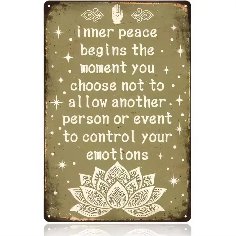 Vintage Olive Green Metal Sign with Lotus & Inner Peace Quote, Boho Spiritual Iron Wall Art for Yoga Studio, Bedroom, Meditation
