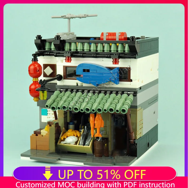 

866 шт., магазин морепродуктов, серия MOC, строительные блоки, модульный азиатский стиль, рынок, сцена, детские игрушки для сборки своими руками, подарок на день рождения