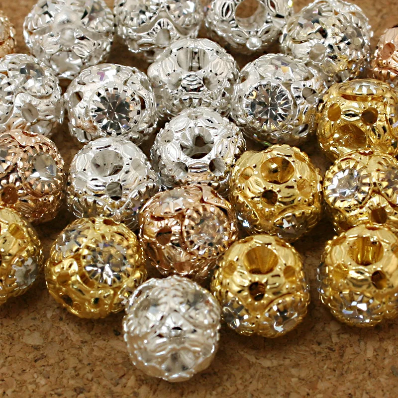 8*9mm 4pcs/lot Round Pave Disco Ball Rose Gold Rhinestone Pearl Rhinestone Crystal Spacer Beads for DIY Jewelry Making Findings