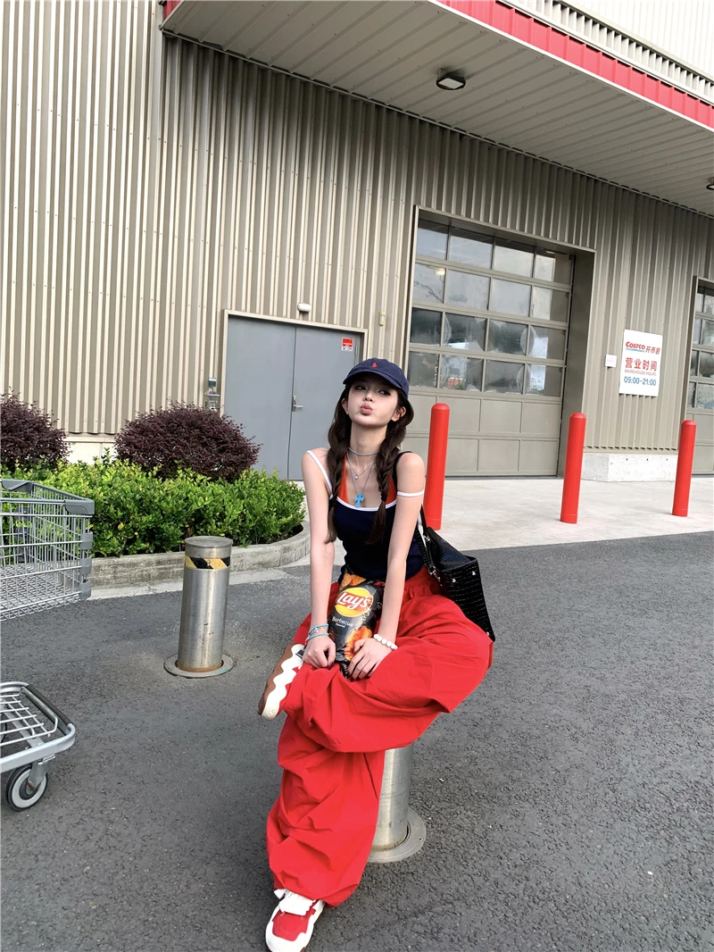 Y2K 레드 카고 바지 여성 하라주쿠 헐렁한 스웨트 팬츠 streetwear 와이드 레그 조깅 갸루 한국 캐주얼 바지 Paratrooper Workwea