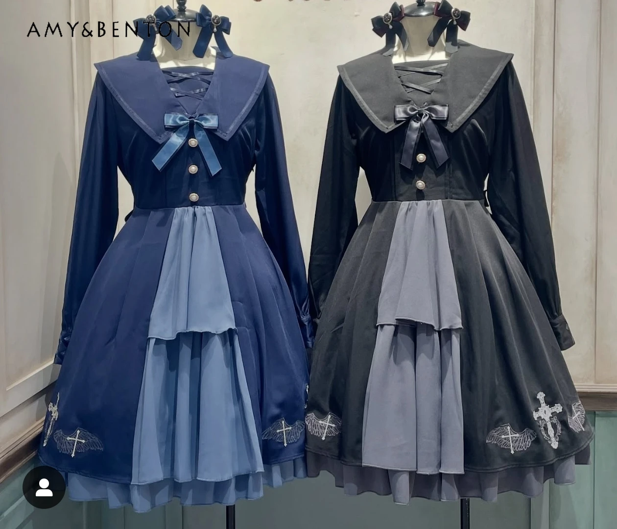 Japonês doce cruz bordado em camadas vestido de manga longa estilo universitário bonito gola marinha arco magro vestido de comprimento médio para mulher