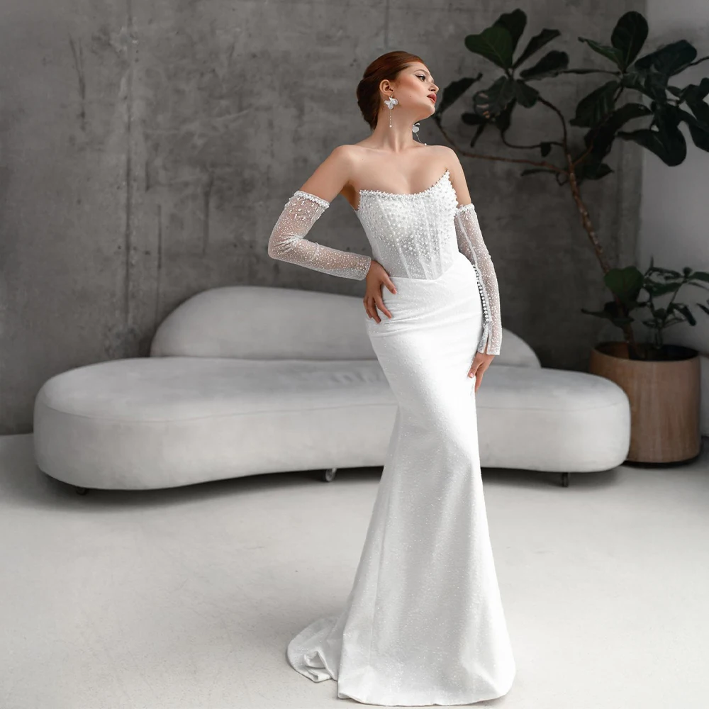 فستان زفاف أنيق مخصص بدون أكتاف مع دانتيل لؤلؤي مزين بحورية البحر الشفافة فستان زفاف صورة ظلية للاحتفالات الرسمية #1