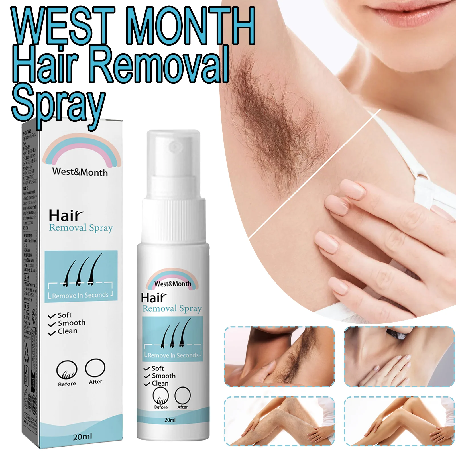 رذاذ إزالة الشعر من WEST Month، إصلاح مهدئ، ترطيب دقيق، ترطيب بلطف، يمنع نمو الشعر للجسم بالكامل