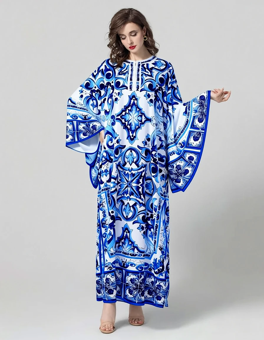 Women's Blue and White Floral Kaftan Maxi Dress - Loose Fit Long Sleeve Boho Beach Coverup with Intricate Tile Print Robes