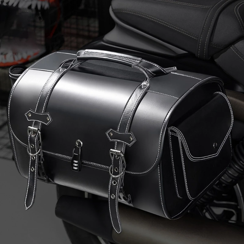 

H58F Motorcycle Saddlebag Motorbike Fork Handlebar PU Leather Tool Storage Bag Waterproof Luggage Bag Helmets Bag