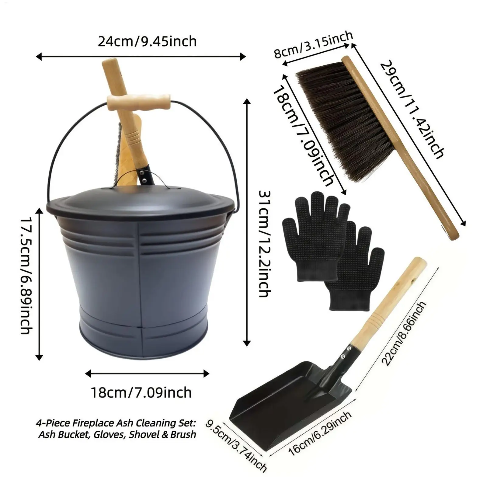 دلو الرماد للمدفأة ملحقات موقد الخشب المحمولة حاوية رماد كبيرة مع مجموعة أدوات الموقد لموقد حفرة النار #6