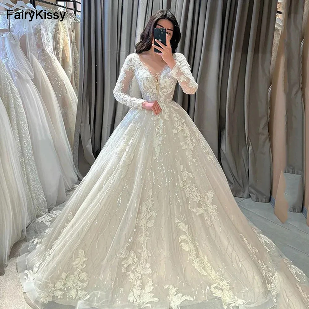 

FairyKissy V Neck Princess Wedding Dresses A Line Long Sleeve Appliqued Lace Bride Dress Elegant Shiny Modest Bride Wedding Gown