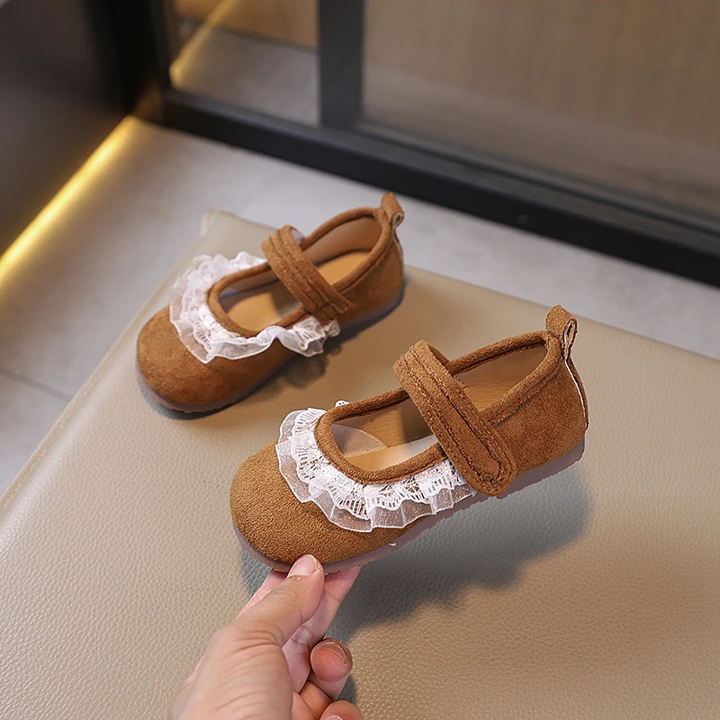 Chaussures en cuir pour filles, Style rétro, pour princesse, décontractées, à la mode, en dentelle plissée, plates, printemps-automne