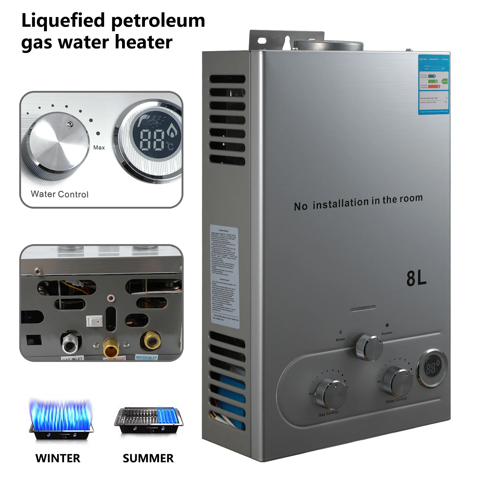 Scaldabagno a Gas LPG 6L/8L in Acciaio Inox Senza Serbatoio con Kit Doccia per Casa e Campeggio