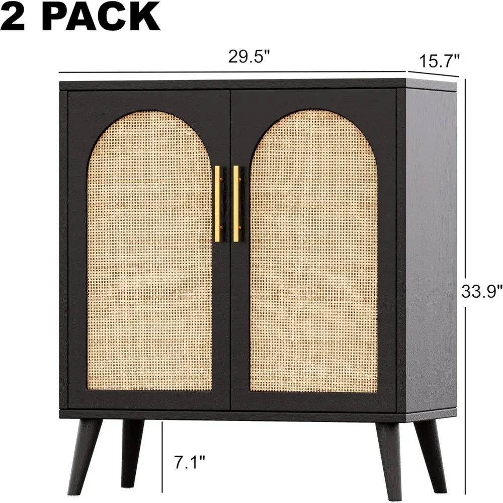 Rattan Storage Cabinet with Doors, Accent Bathroom Floor Cabinet, Modern Sideboard Buffet Cabinet for Living