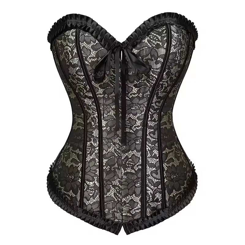 Damen Sexy Gothic Korsetts und Bustiers Top Overbust Jacquard-Korsett mit Plissierter Spitze Blumen-Lingerie Korset Vintage-Kostüm
