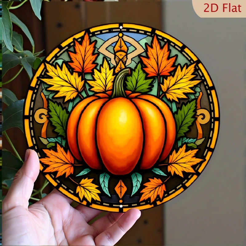 2D Flat, Autumn Pumpkin & Maple Leaf Metal Wall Art - Orange Pumpkin & Red Orange Leaf Thanksgiving Decoration, Lightweight Alum