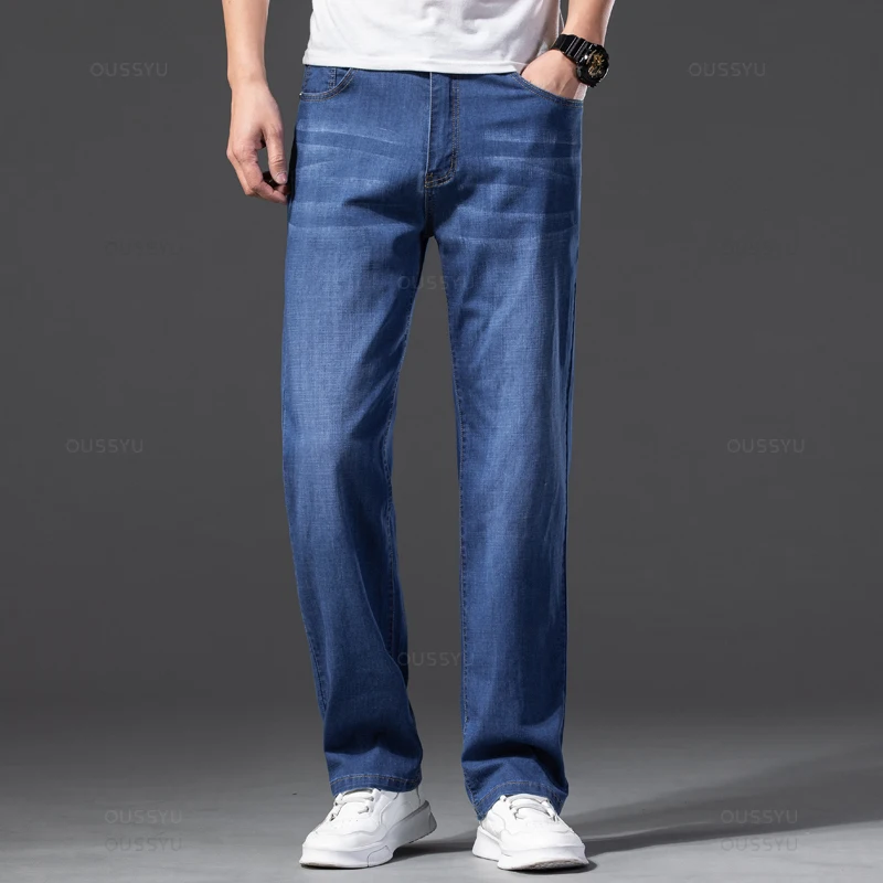 Men Jeans Classic Summer Lyocell Cotton Straight Stretch Brand Denim Pants Overalls Light Blue Fit Trouser Plus Size 40 42 44 46