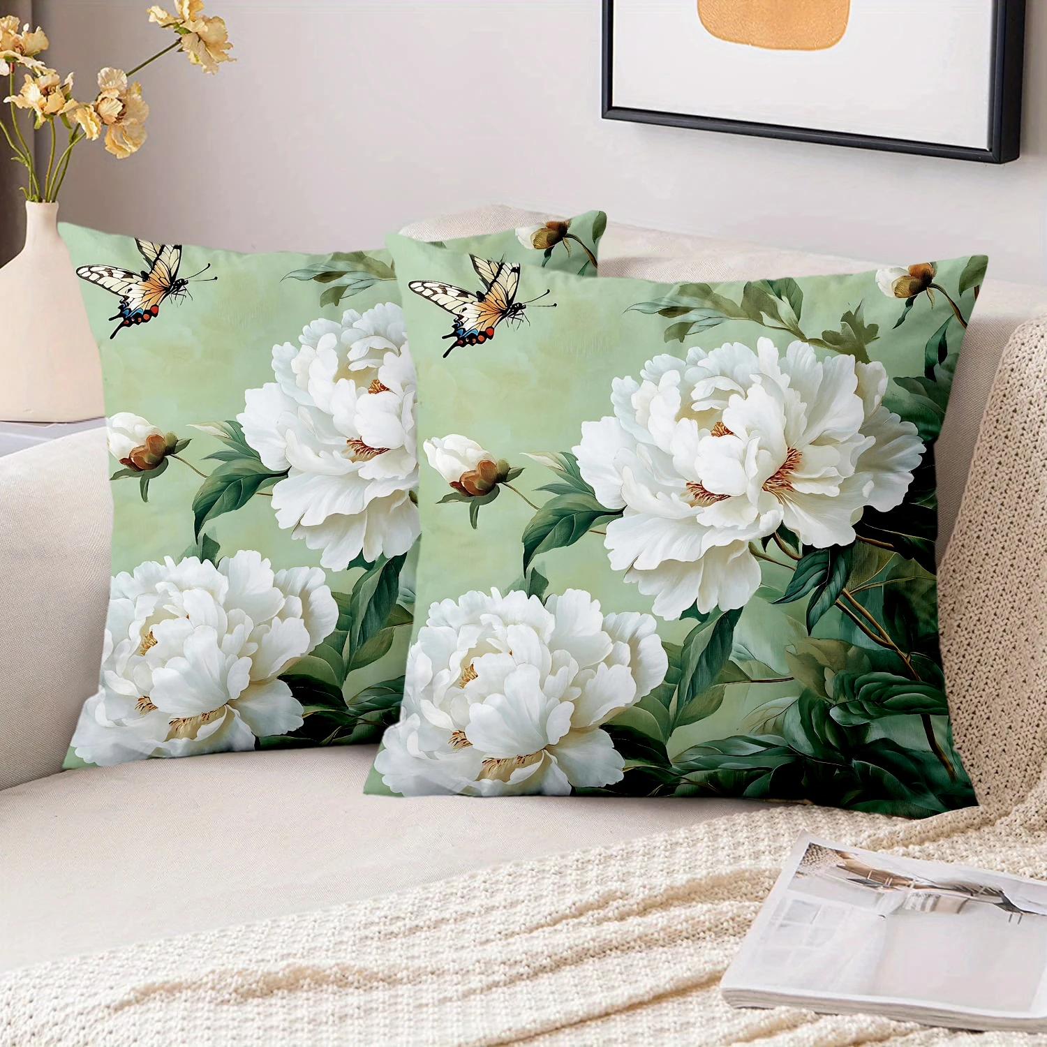 1 Pieces Vintage Peony Butterfly Print Square Throw Pillow Covers  Cushion Cover Suitable for Sofa Bedroom Car Pillow Cover