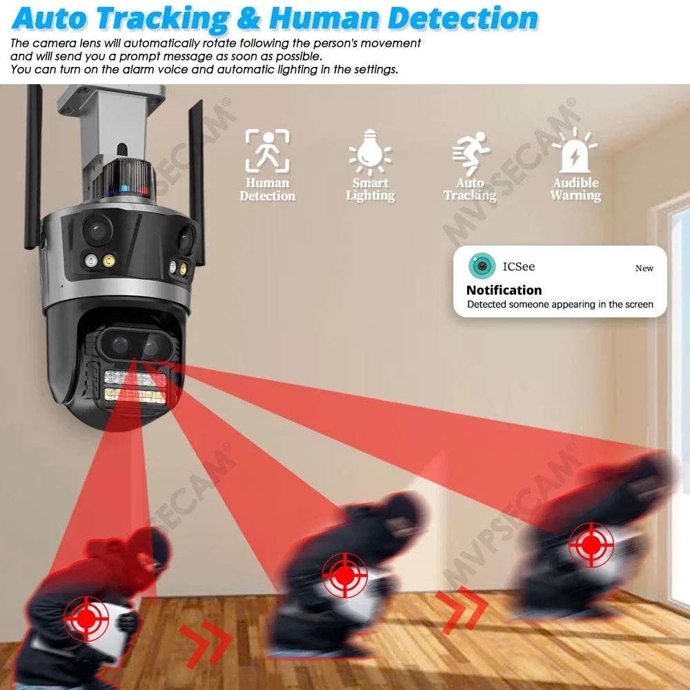 16MP Four Lens WIFI IP Camera 4K HD Three Screen PTZ Camera Auto Tracking Security CCTV Camera 4MP P2P Video Surveillance ICSee