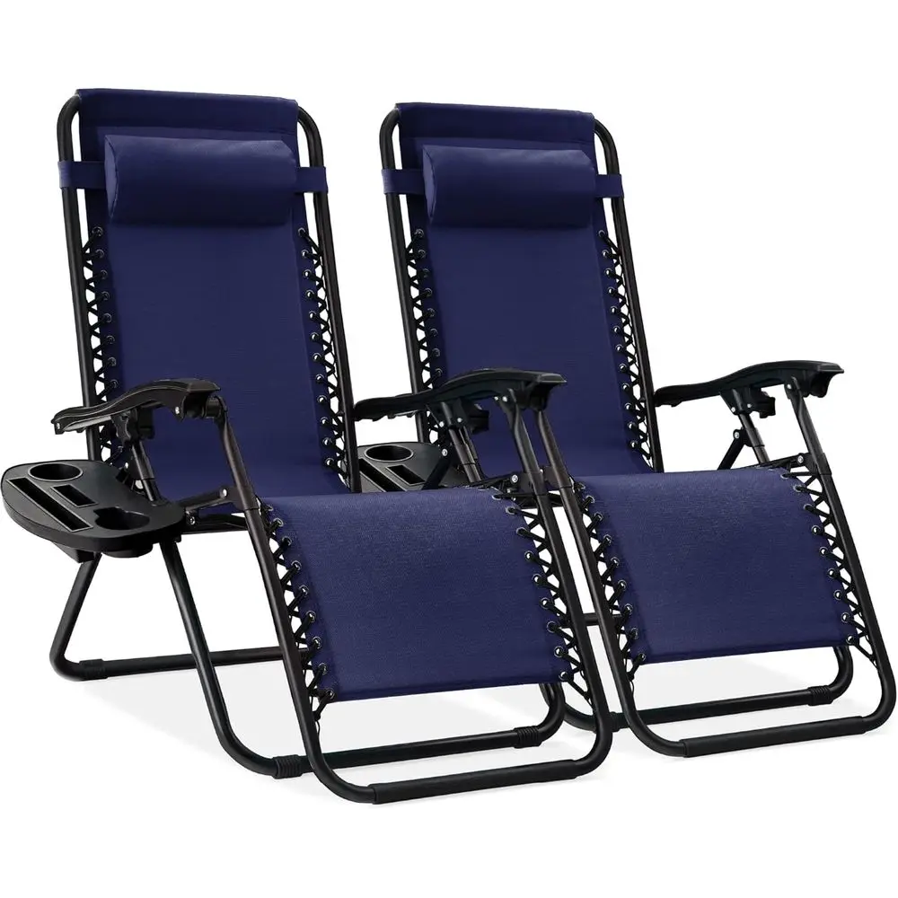 

Pair of 2-Seat Steel Mesh Zero Gravity Lounge Chairs with Pillows and Cup Holders in Navy Blue