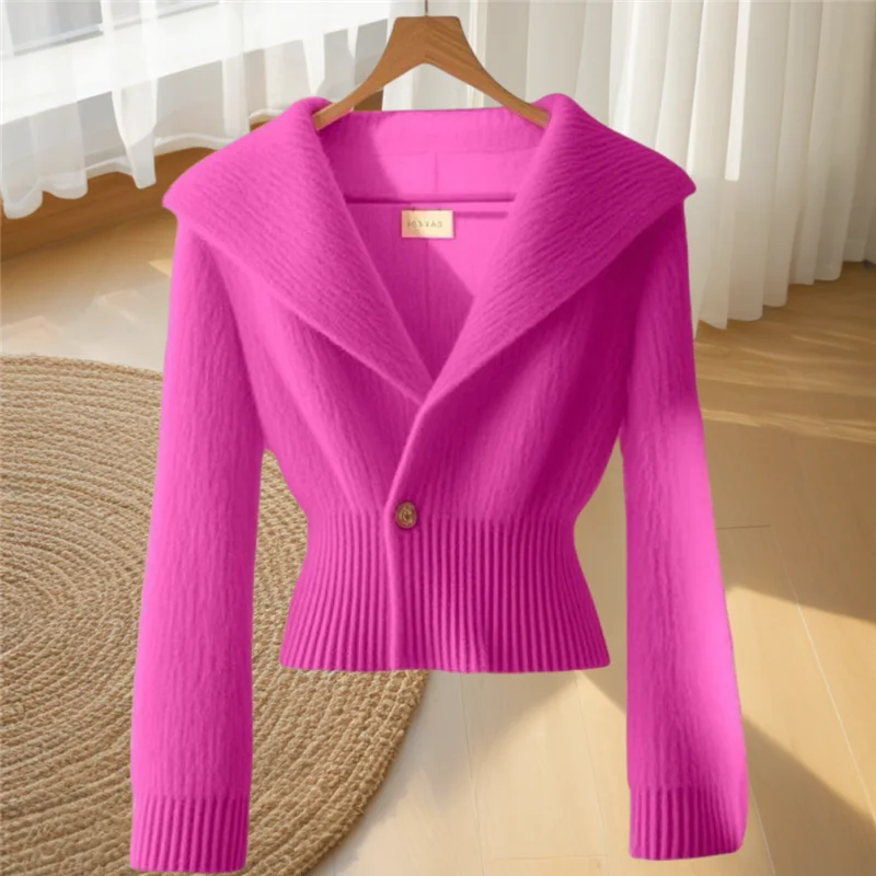 Autumn Winter Women's Sweater Knitwear 2024 New Fashion Loose Casual Tops Cardigan Pure Colour Rose  V-Neck Outerwear Female