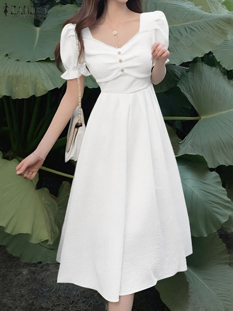 

ZANZEA Fashion Mid-Calf Dress Women Summer Sundress Casual Square Collar Puff Sleeve Vestidos 2025 Solid A-Line Robe Femme