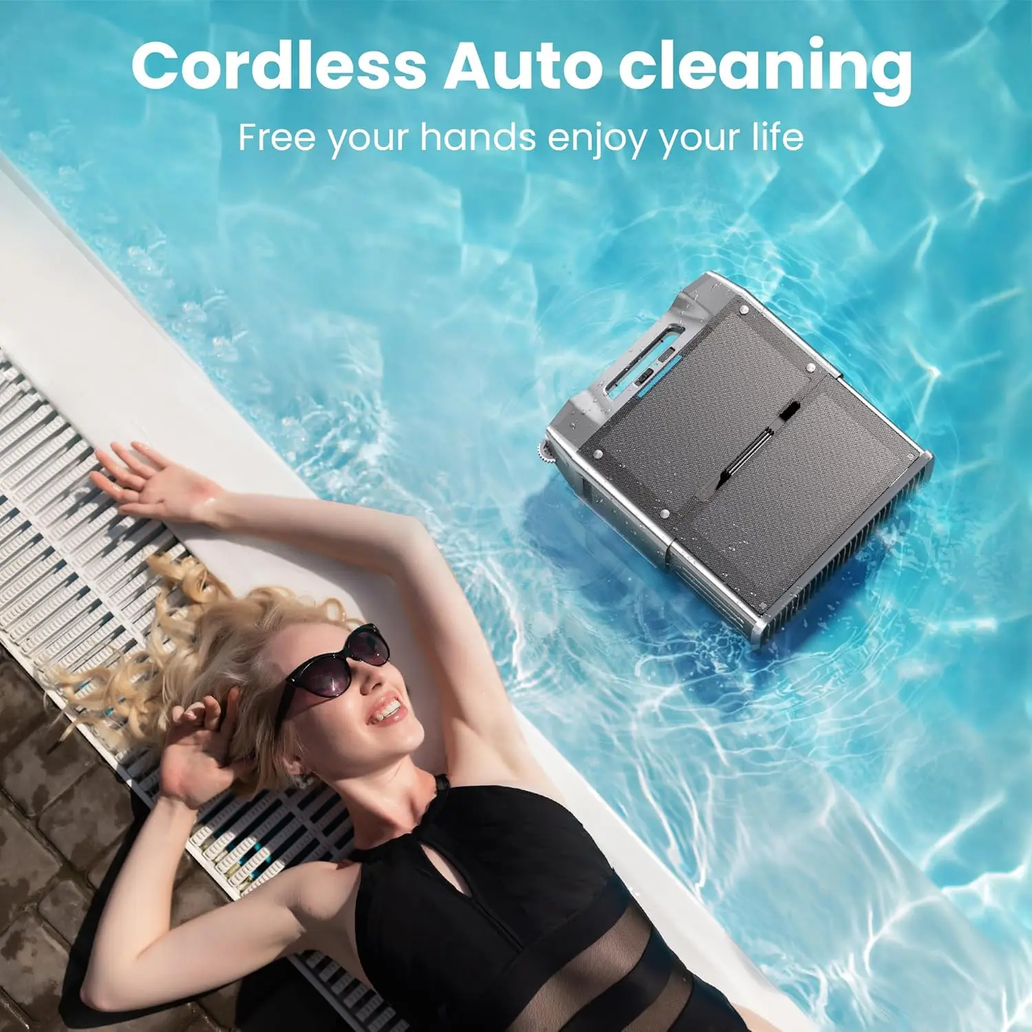 Solar powered pool skimmer, upgraded robot pool surface cleaner with remote control for 24-hour continuous cleaning