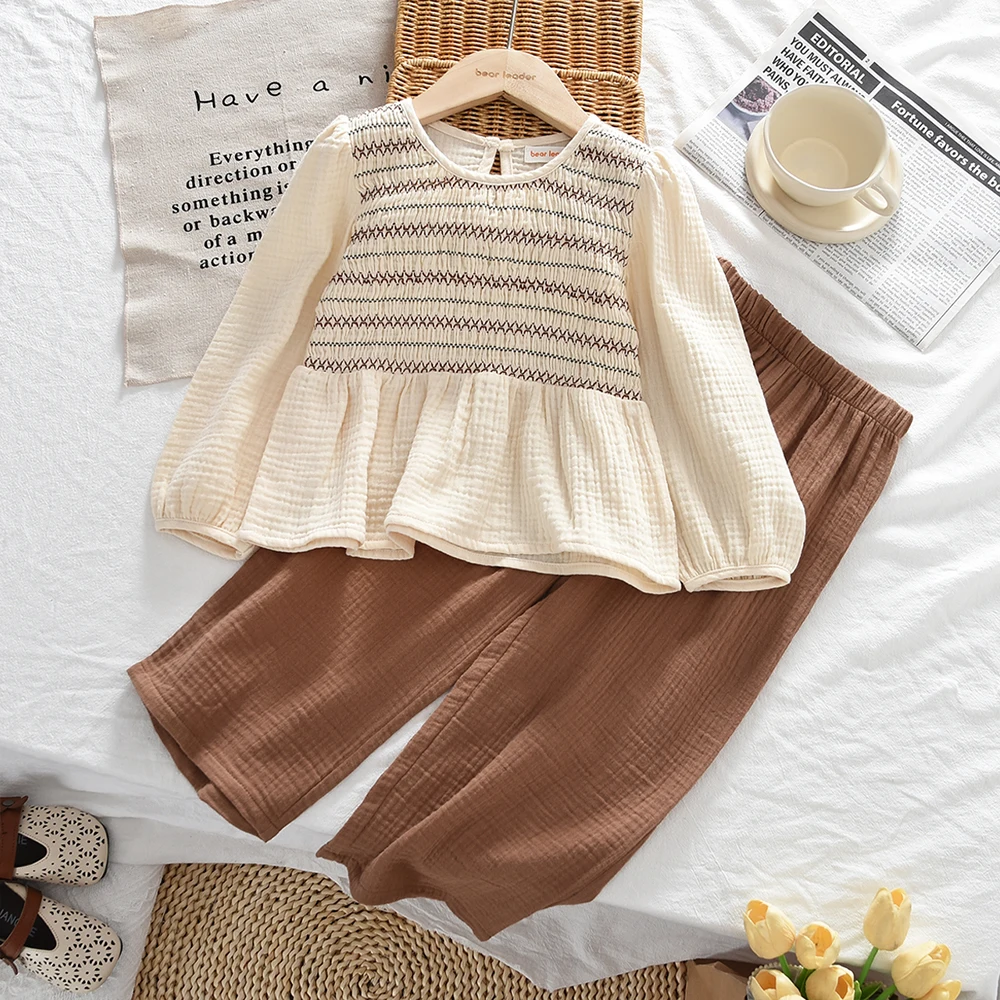 2026 Spring and Autumn New Color Blocked Girls' Clothing Long Sleeve Round Neck Top+Brown Pants Kids Clothes Girls Two-piece Set