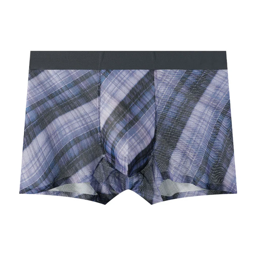

Men Printed Underwear Geometric Plaid Mesh Sheer Lingerie Seamless Boxer Shorts Breathe Soft Underpants Quick Dry Panties Briefs