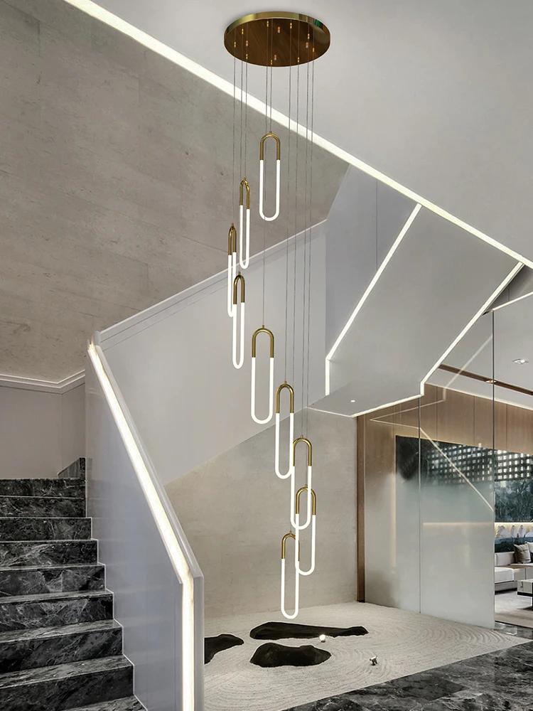 Stair chandelier villa rotating personality creative loft duplex apartment hollow lift 2023 new lamps