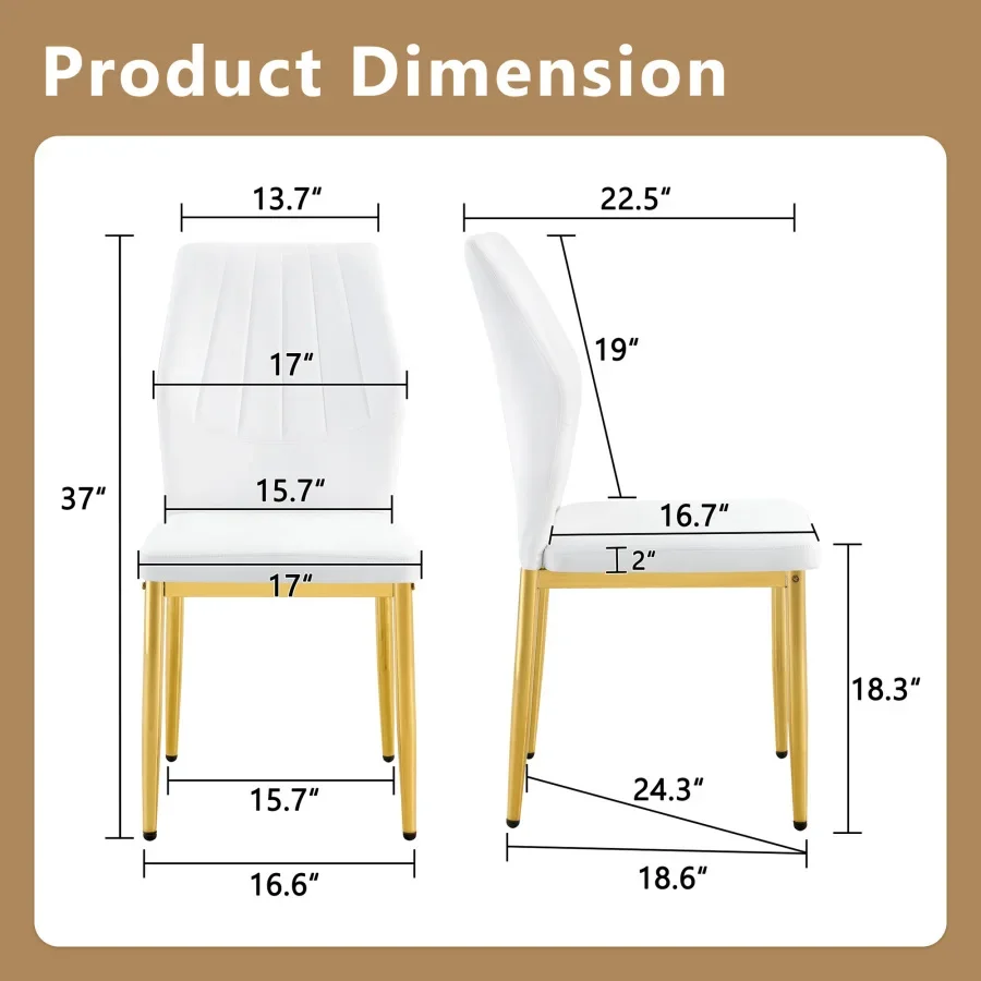 Set of 6 Gold - and - White Dining Chairs, 37 inches High: Ergonomic PU Backrest, Combines Comfort and Style.Perfectly blends c