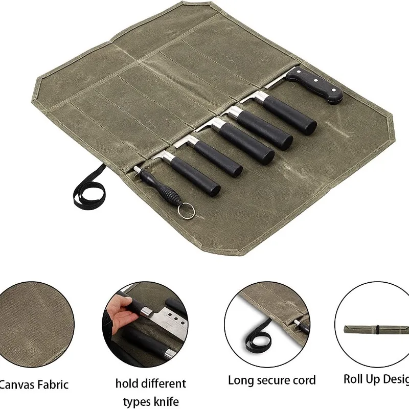 Waxed Canvas Knife Roll Bag for Chef Camping BBQ Kitchen Storage Portable Organizer