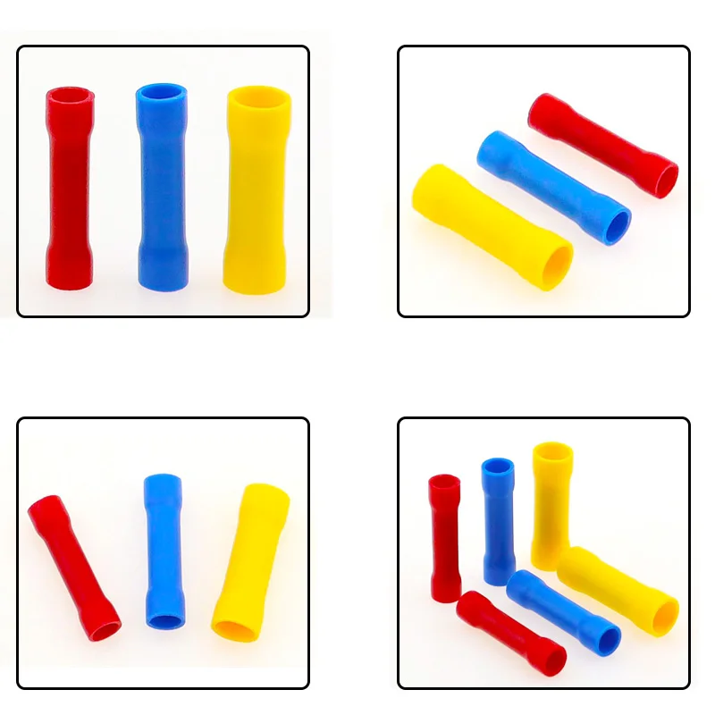 PVC Copper Conductor Insulated Straight Wire Butt Connectors Electrical Wire Cable Crimp Terminals Set BV1.25 Red BV2 Blue BV5.