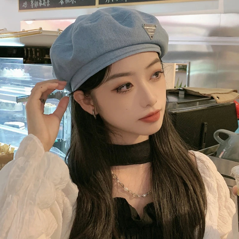 Y2K Japan Spring Summer Fashion Denim Beret Hat For Women Men Triangular Metal Logo French Painter Artist Beret Cap Gorras