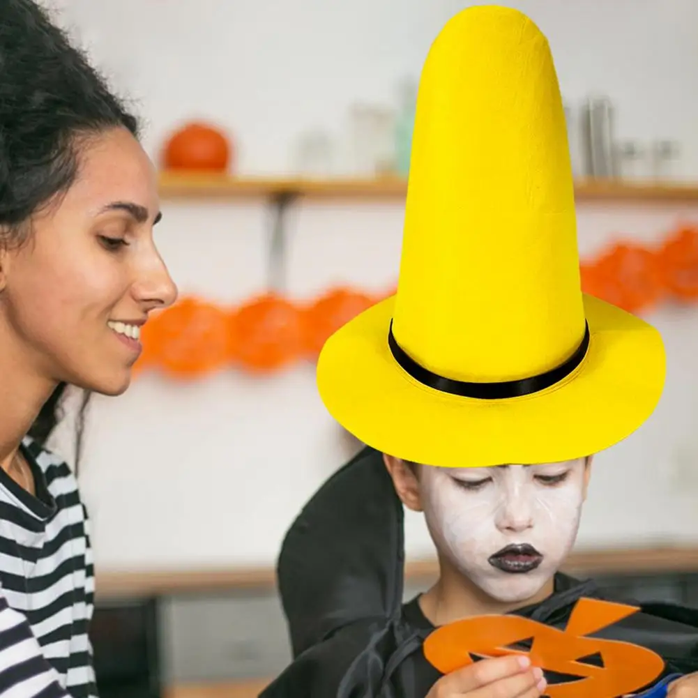 Adjustable Strap Witch Hat Yellow Felt Top Hat for Halloween Costume Party Pointy Witch Hat with Brim for Trick-or-treating