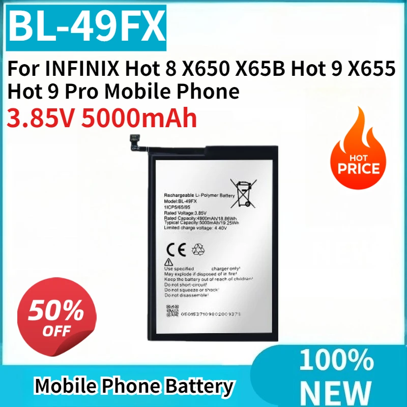 

Высококачественная новая батарея BL-49FX 3.85V 5000mAh, заменяемая для мобильных телефонов INFINIX Hot 8 X650 X65B, Hot 9 X655, Hot 9 Pro