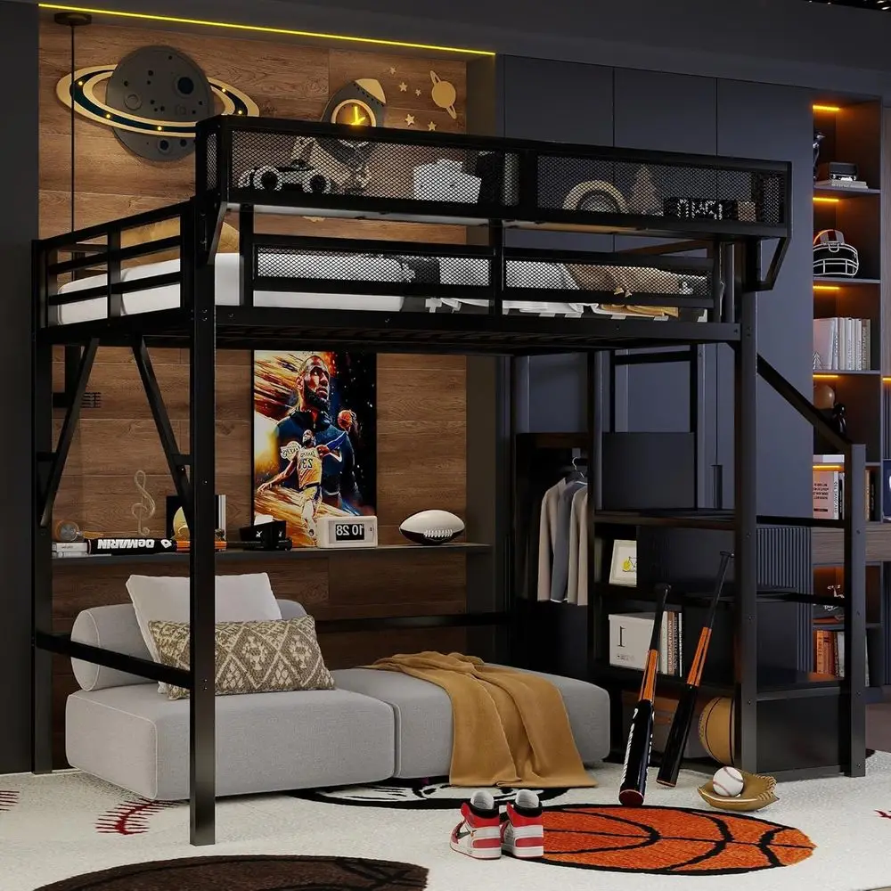 

Черная металлическая кровать-чердак с лестницей, полками для хранения и шкафом для детей и подростков, не требует пружинного блока.