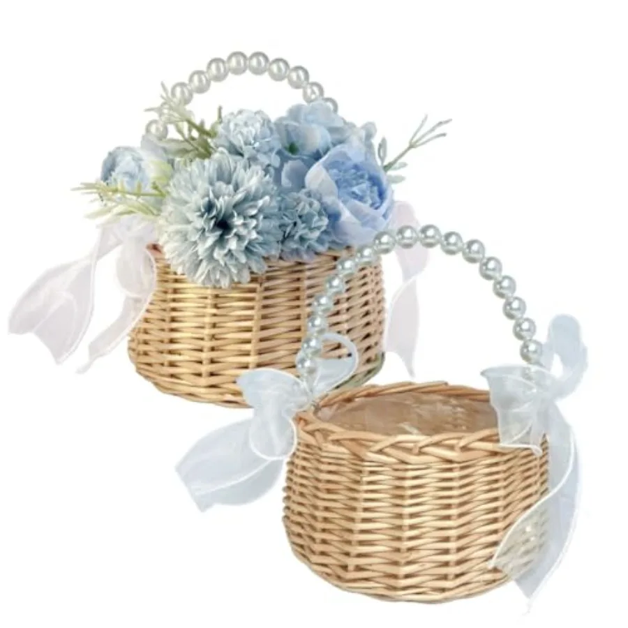 Flower Girl Basket Set of 2 Handwoven Small Flower Basket with Pearl Handle Ribbon Bow Plastic Liner for Flower Girl Wicker Rat