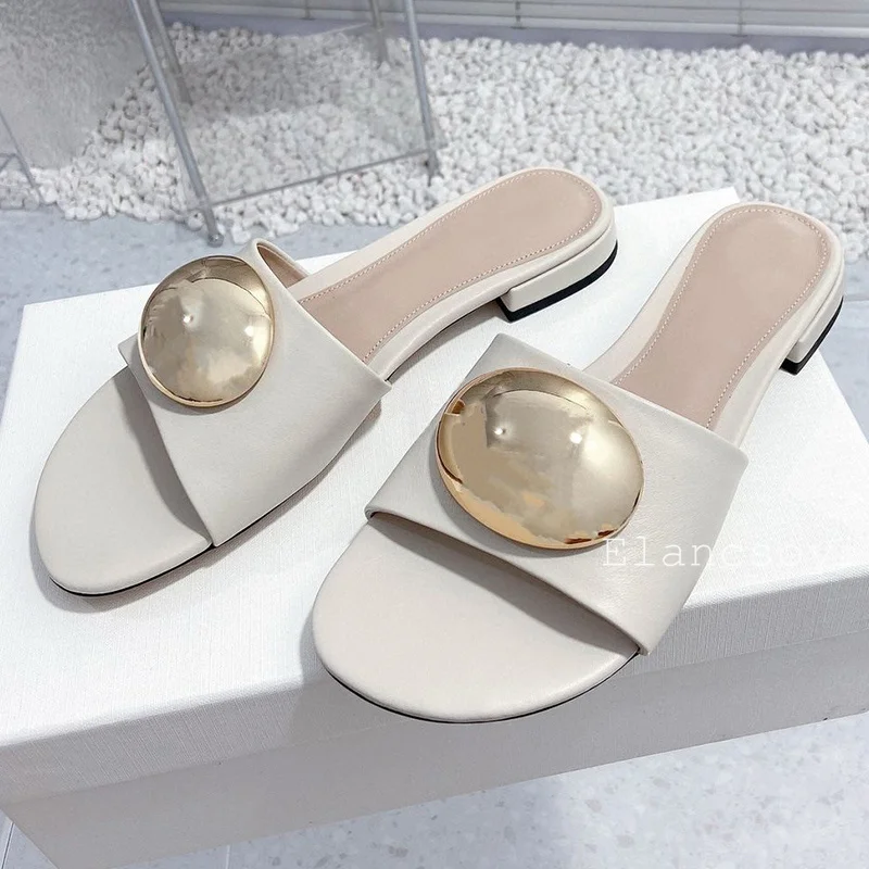 Genuine Leather Metal Decoration Flat Bottom Slippers Women Open Toe Lazy Sandals Summer Outdoor Lightweight Vacation Shoes