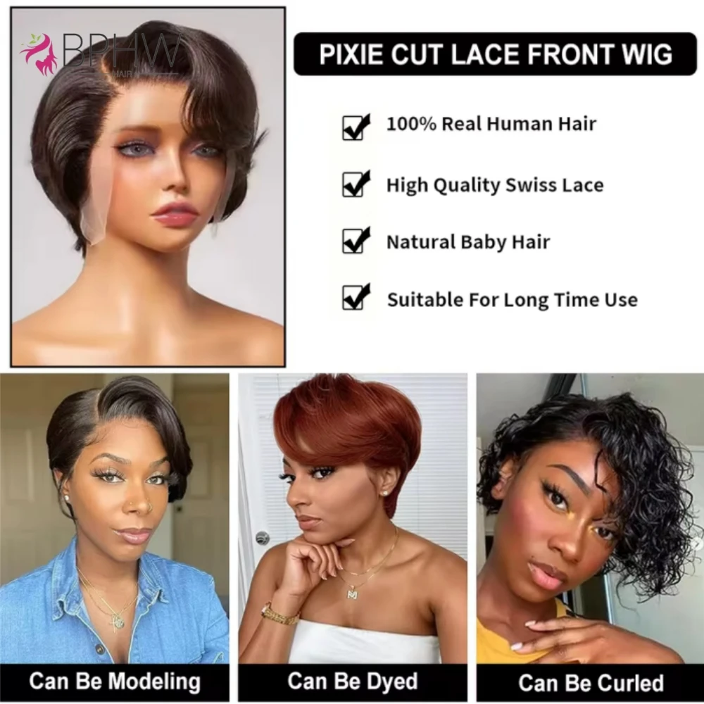 200% Density Lace Front Straight Wig Pixie Cut Wig 13X4 Full Lace Wig Bob Wig Human Hair Wigs For Women Pre Plucked BPHW Hair - Image 3