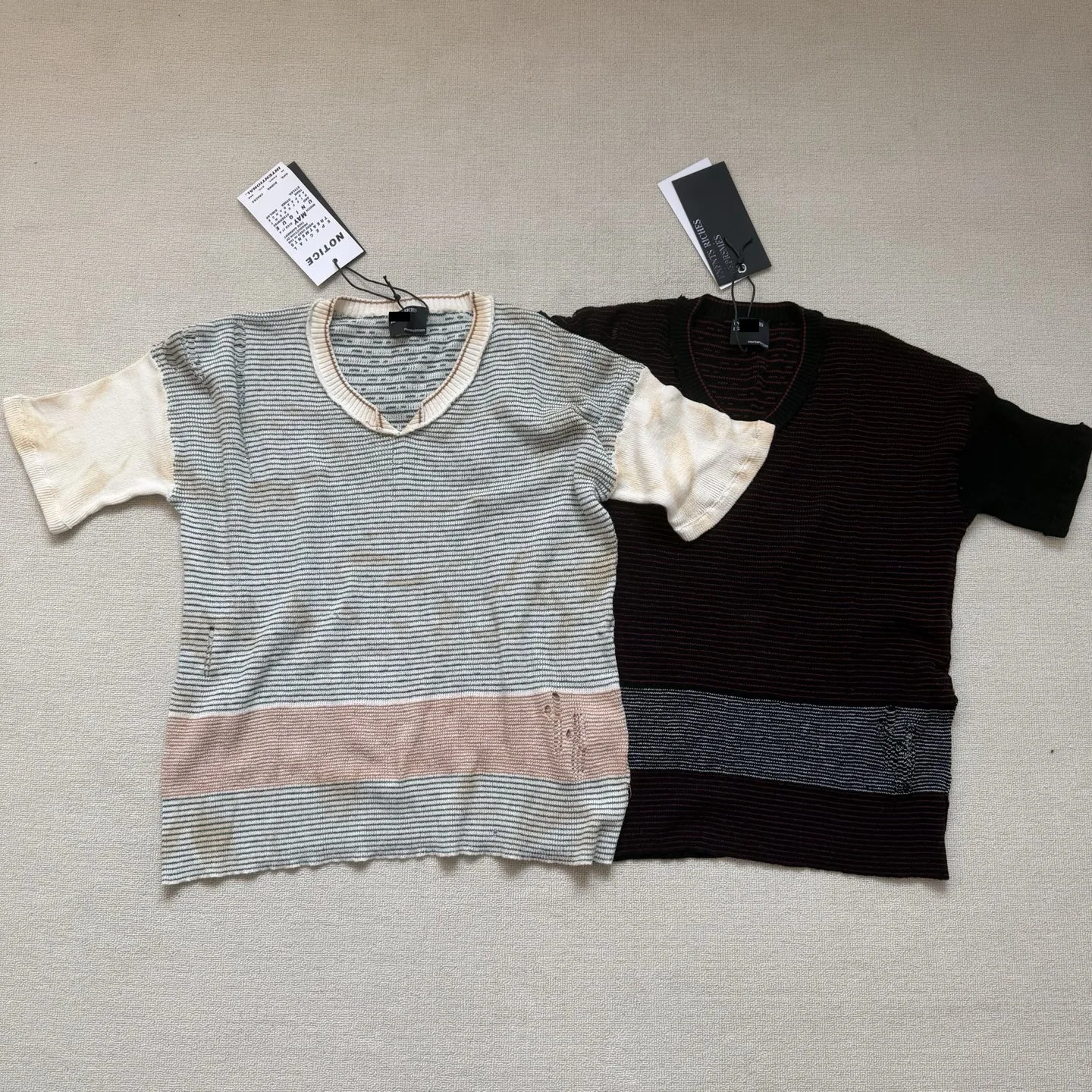 Limited Knit Color Block V Neck Striped Short Sleeve Sweater Unisex Casual Vintage Pullover Top