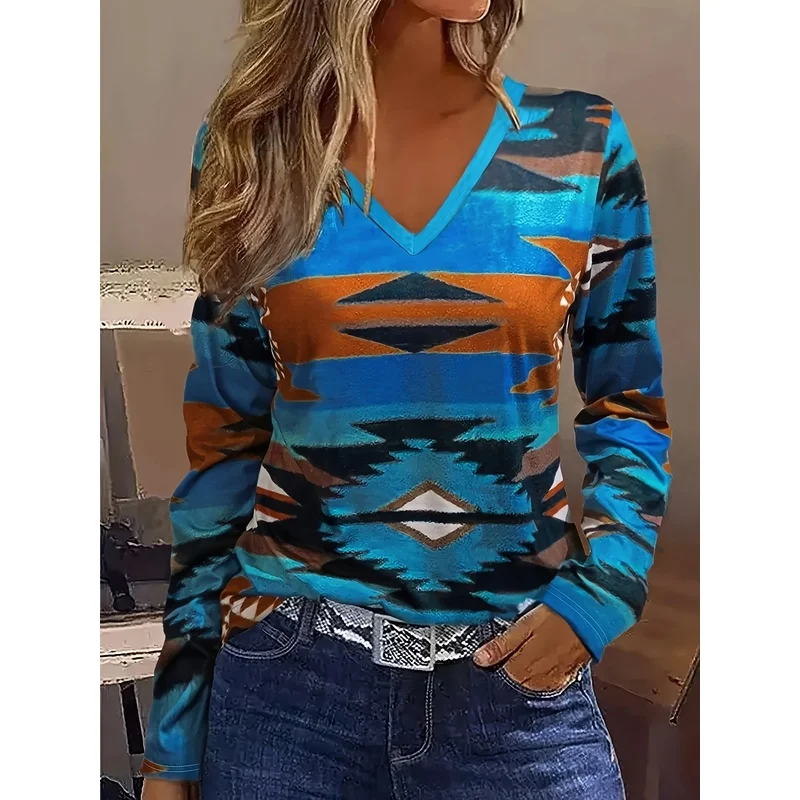 Womens Everyday Fashion V Neck Long Sleeve T Shirt Geometric Print Color Block Relaxed Drop Shoulder Medium Stretch Machine Wash