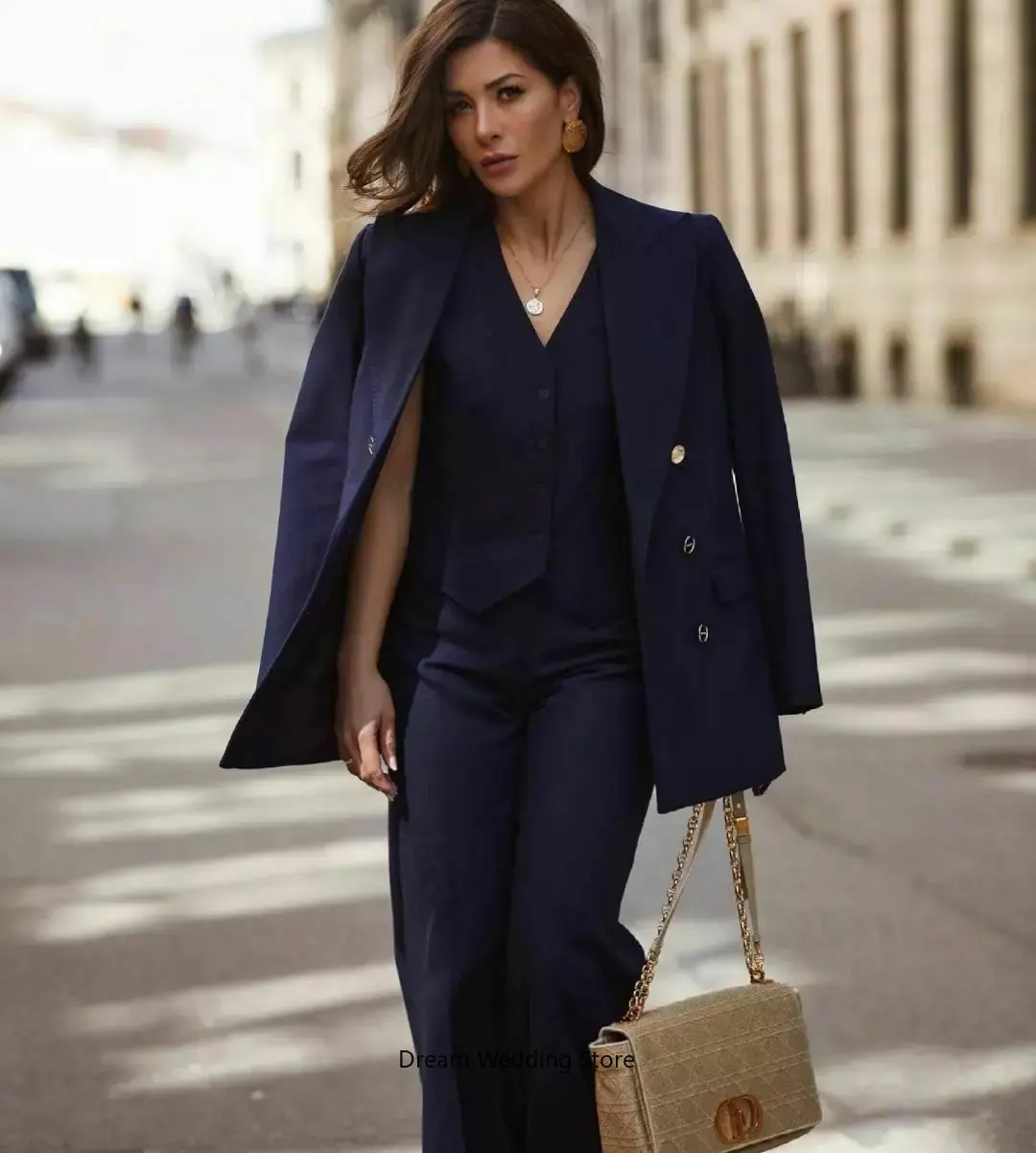 Costume 3 pièces bleu marine pour femmes, ensemble veste + pantalon + gilet, Blazer formel sur mesure avec bouton en métal, manteau d'affaires de bureau