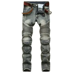 Autumn Men's Patchwork Vintage Biker Jeans Hip Hop Trousers Slim Straight Elastic Cycling Denim Pants Male Fashion Streetwear