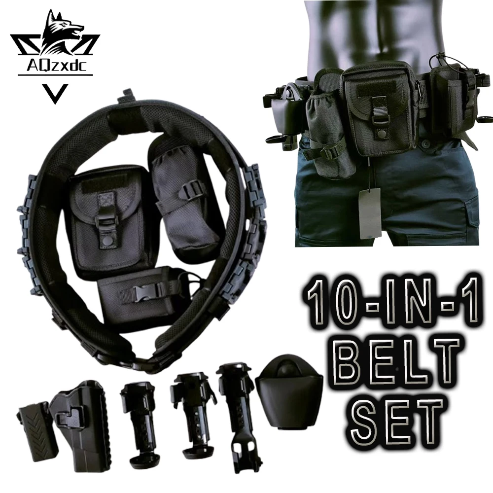 

Tactical 10-in-1 Belt Set Airsoft Handcuffs 92G Magazine Quick-Release 8-Piece Set with Flashlight Mechanical Stick Holster