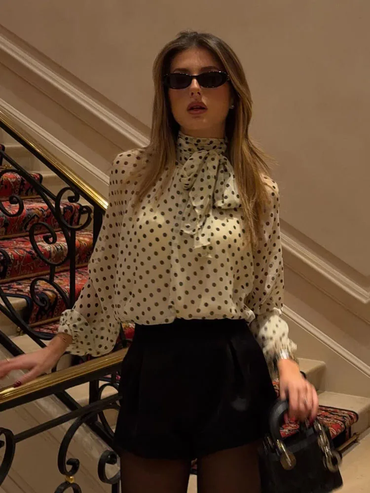 

HH Women's Spring Fashion Versatile Scarf Collar Polka Dot Print Long Sleeve Shirt Female Chic High Street Casual Pullover Shirt